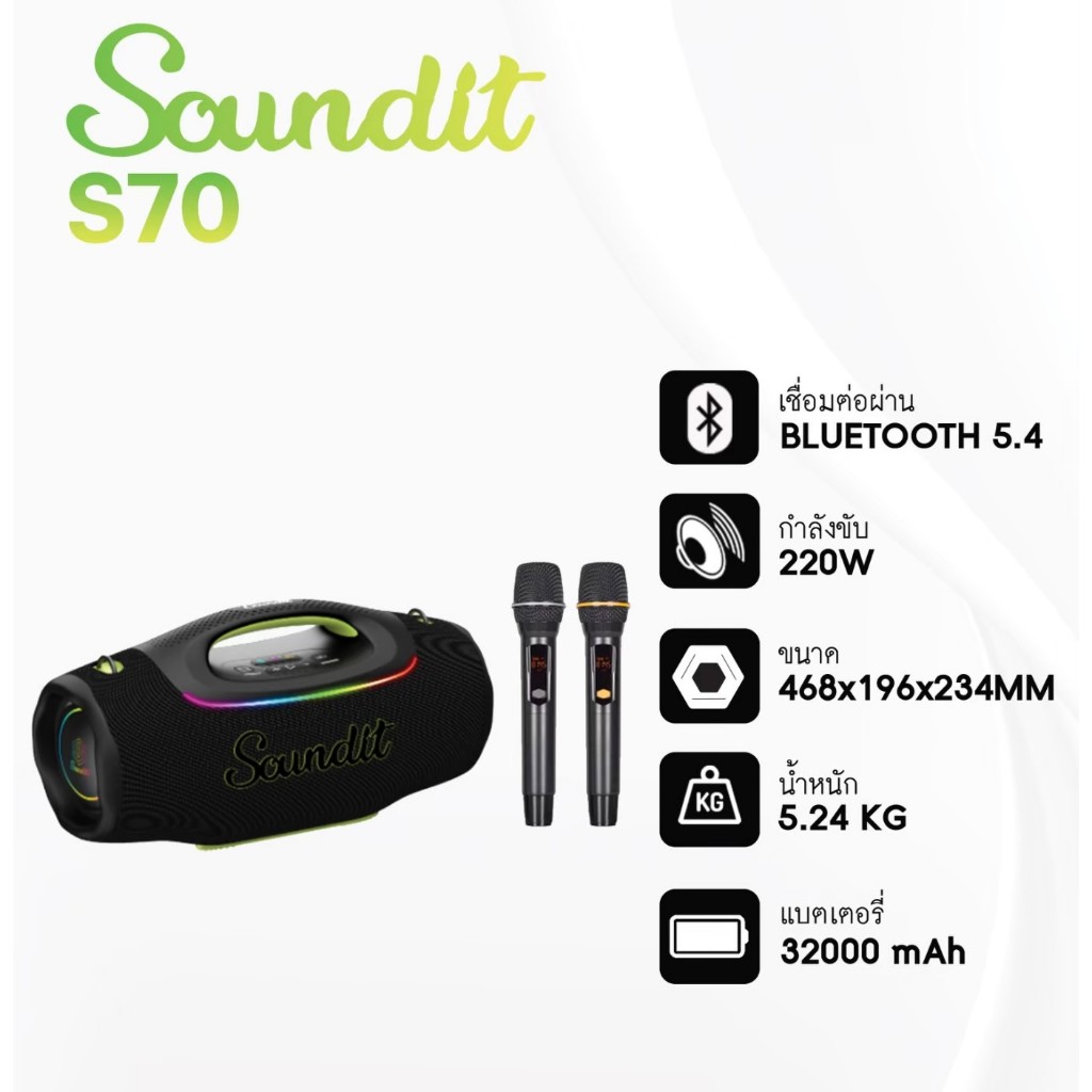 ลำโพงบลูทูธ Soundit รุ่น S70 ไมค์ลอยคู่ 220วัตต์