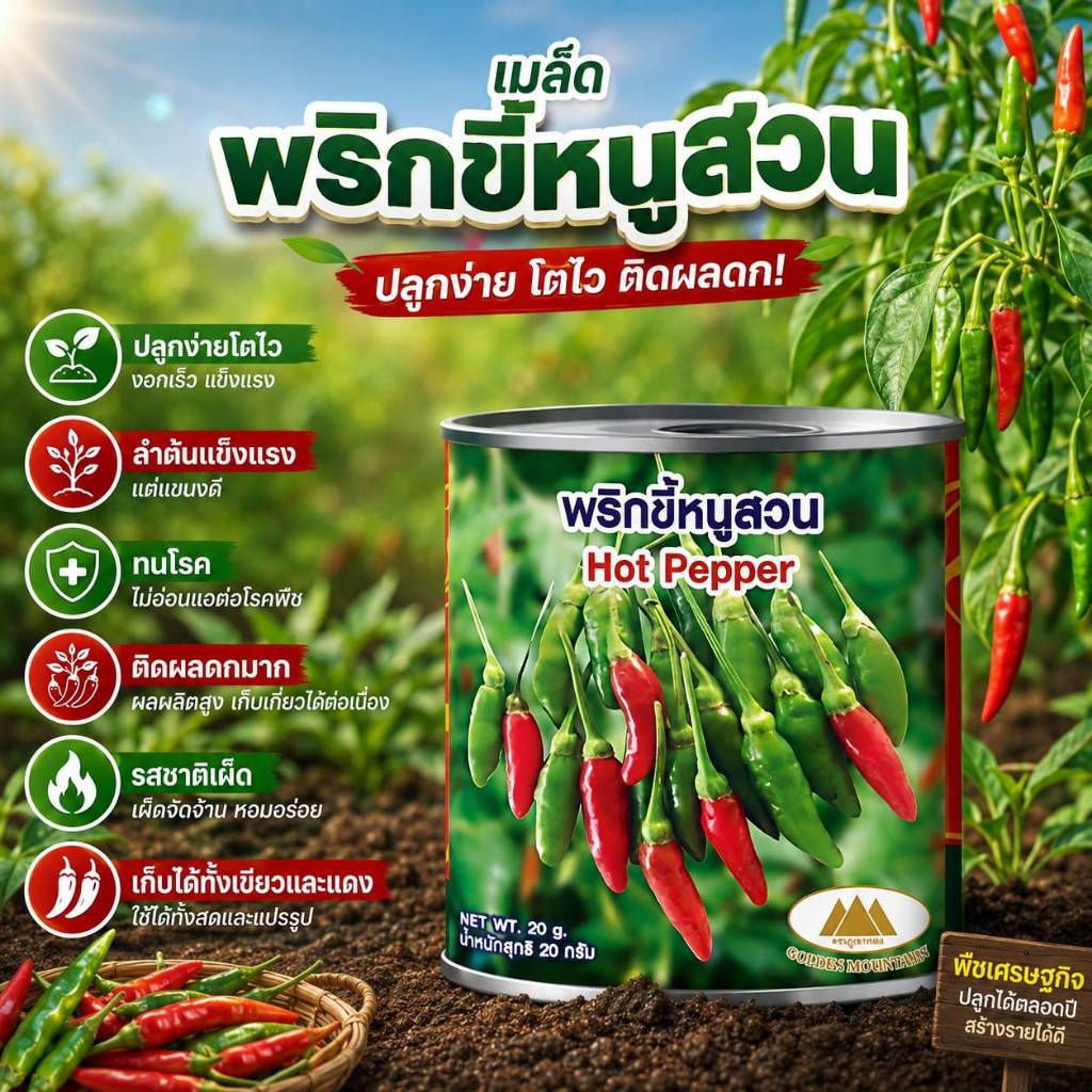 เมล็ดพริกขี้หนูสวน ตราภูเขาทอง Hot Pepper เมล็ดพันธุ์พริกขี้หนูสวน เมล็ดพริกขี้หนู เมล็ดพริก