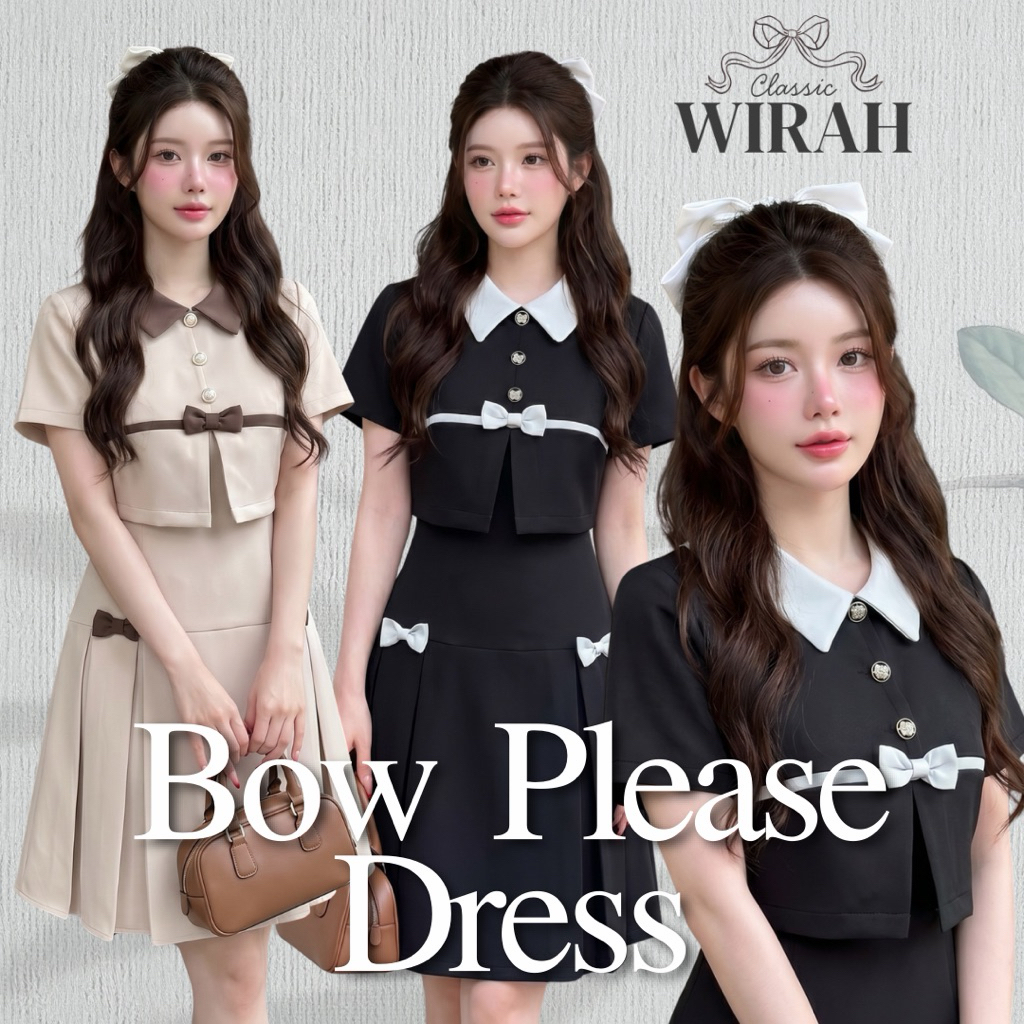 DW489 Bow Please ชุดเดรสสุดน่ารักสไตล์ลูกคุณหนู ดีไซน์คอปกแต่งกระดุมหน้าและโบว์สุดหวาน