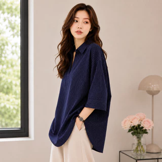 เสื้อเชิ้ตลายทาง แขน5ส่วน ทรงหลวม สไตล์เกาหลี M-4XL