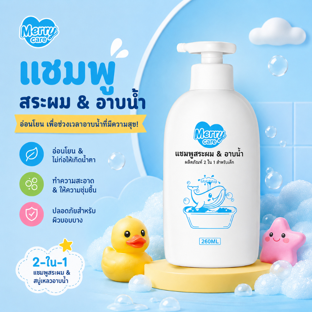 Merry Care อัลตร้ามายด์ สบู่เหลวอาบน้ำทารก สบู่เหลวอาบน้ำเด็ก ออร์แกนิค ชาวเวอร์มิลค์ ครีมอาบน้ำนม ขนาด 260มล.