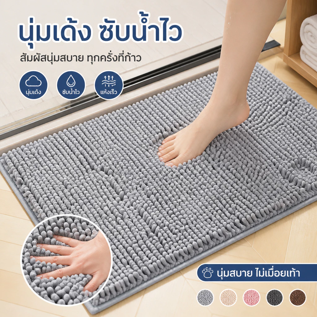 【ราคาส่ง】พรมขนยาว พรมเช็ดเท้าเชนิลล์ หนาพิเศษ ซับน้ำเร็ว กันลื่น ขนแกะนุ่ม พรมเช็ดเท้าห้องน้ำ ซักเครื่องได้