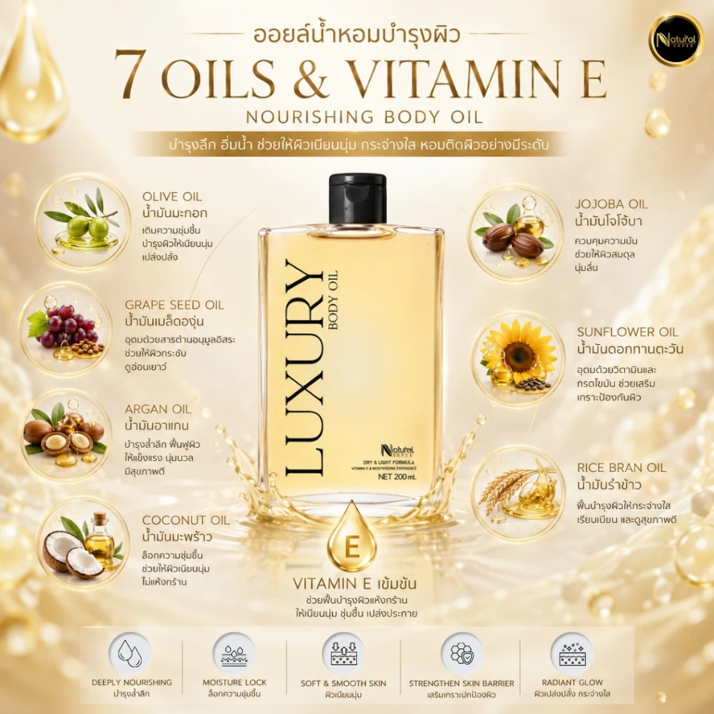 Luxury Body Oil ออยล์บำรุงผิวซึมไว วิตามินอีเข้มข้น บำรุงผิว กลิ่นหอมติดผิว (100ml/200ml) thumbnail 3