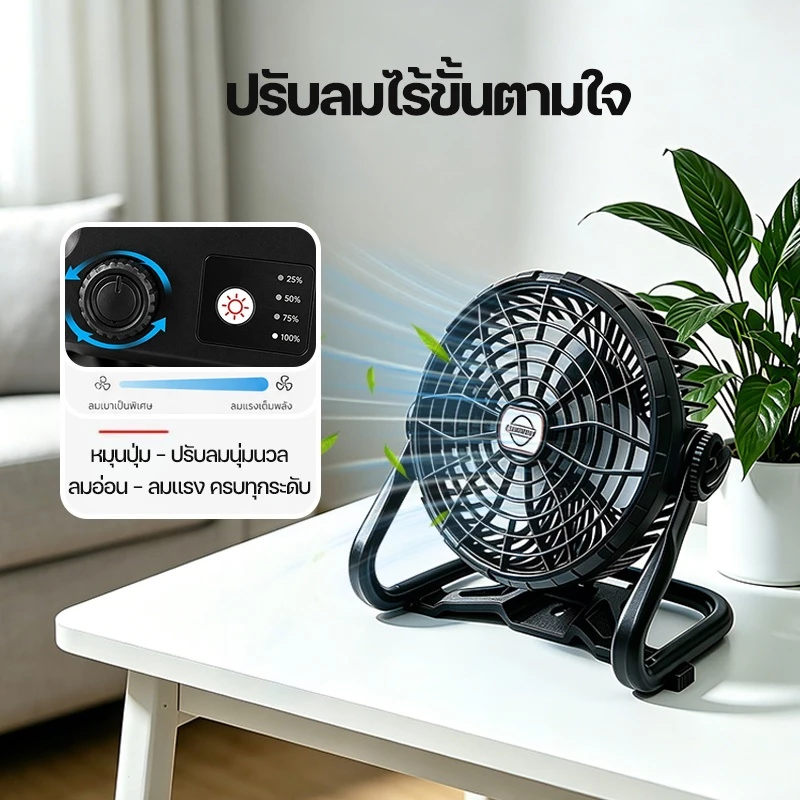 พัดลมพกพา LED แคมป์ปิ้ง ไร้สาย ชาร์จ Type-C ปรับ 360° thumbnail 3
