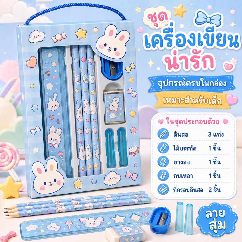 พร้อมส่ง ชุดเครื่องเขียน 8 ชิ้น ลายการ์ตูนน่ารัก อุปกรณ์การเรียนครบเซต ดินสอสี ปากกา ยางลบ กบเหลา ไม้บรรทัด