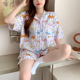 🍒ชุดนอนผู้หญิง บิ๊กไซส์ ผ้าซาตินญี่ปุ่น สไตล์เกาหลี ลายเมฆ แขนสั้นขาสั้น ผ้านุ่มลื่น ใส่สบาย ส่งด่วน