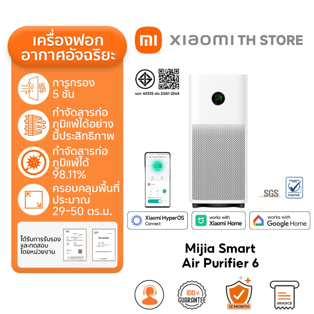 Xiaomi Mijia Smart Air Purifier 6 กรองอากาศ I เซ็นเซอร์ฝุ่น I 443m³/h อนุภาค CADR | ฟอกอากาศ | เครื่องฟอกอากาศในห้องนอน