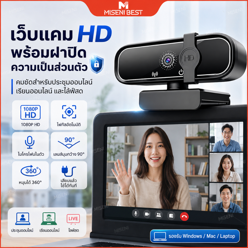 MISENI-กล้องเว็บแคม 1080P FHD มีไมโครโฟนในตัว มุมกว้าง 120° โฟกัสอัตโนมัติ USB 2.0 สำหรับคอมพิวเตอร์ ไลฟ์สด
