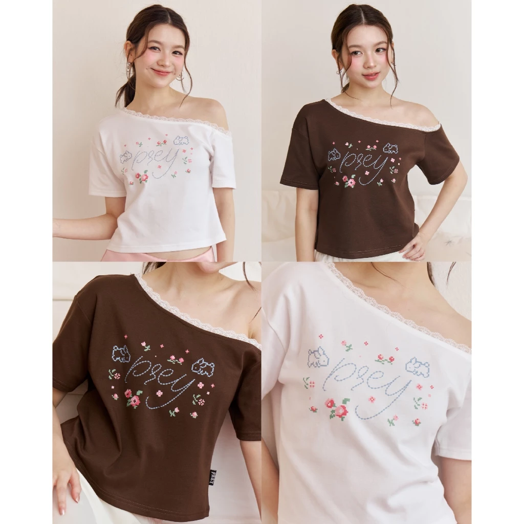 prey เสื้อปาดไหล่ beads bunny off shoulder top