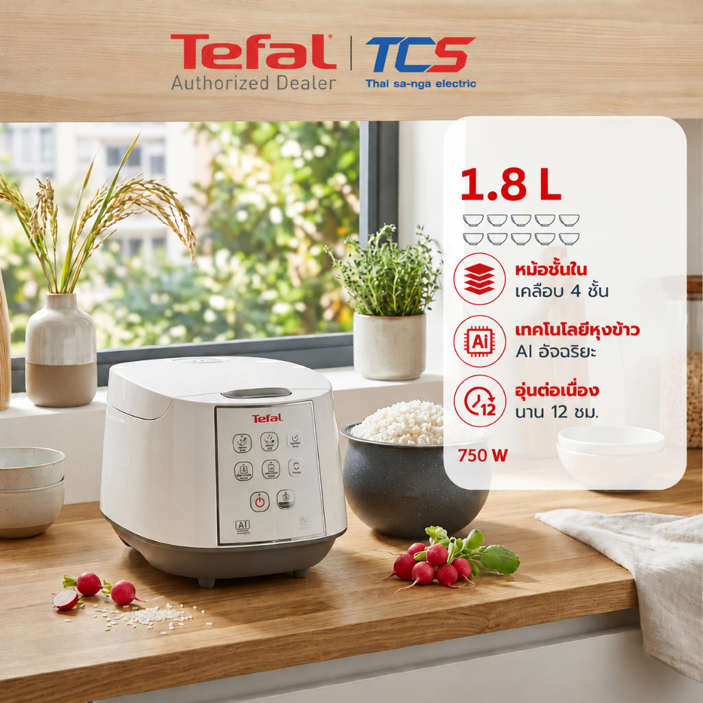 Tefal หม้อหุงข้าวไฟฟ้า 1.8 ลิตร รุ่น RK732166 | 8 โปรแกรมอัตโนมัติ กำลังไฟ 750 วัตต์