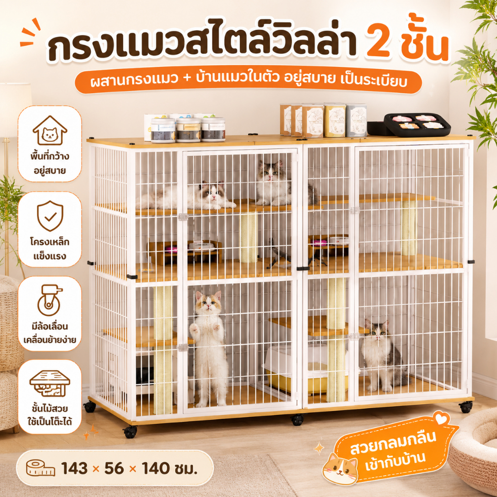 วิลล่าแมวพร้อมห้องน้ำ กรงแมวในตัว บ้านพื้นที่ว่างในร่ม รังแมว