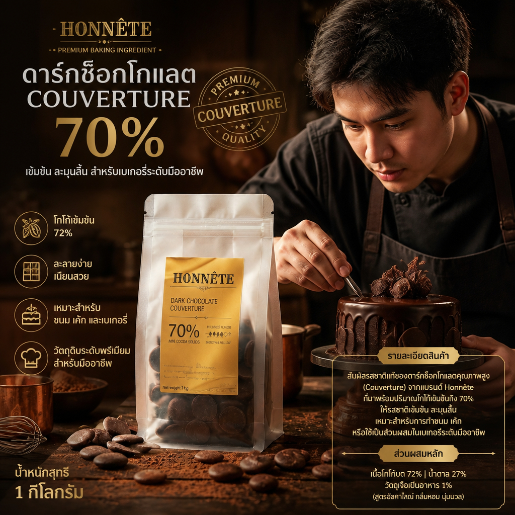 ดาร์กช็อกโกแลตแท้ 70% ขนาด 1 kg. Couverture 70% แบรนด์ Honnête