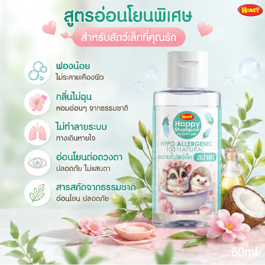 [HoneyPetz]ฮันนี่เพ็ทซ์ แชมพู เจลอาบน้ำสัตว์เล็ก 60ml. เจลอาบน้ำชูการ์ เม่นแคระ กระรอก แกสบี้ หอม สะอาด ขนนุ่ม สุขภาพดี