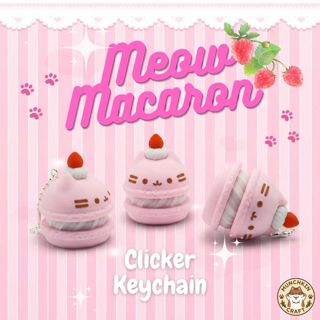 🍓 Meow Macaron พวงกุญแจ Clicker น้องแมวมาการองสุดคิวท์ (งาน 3D Print) ของเล่นแก้เบื่อ คลายเครียด 🍓