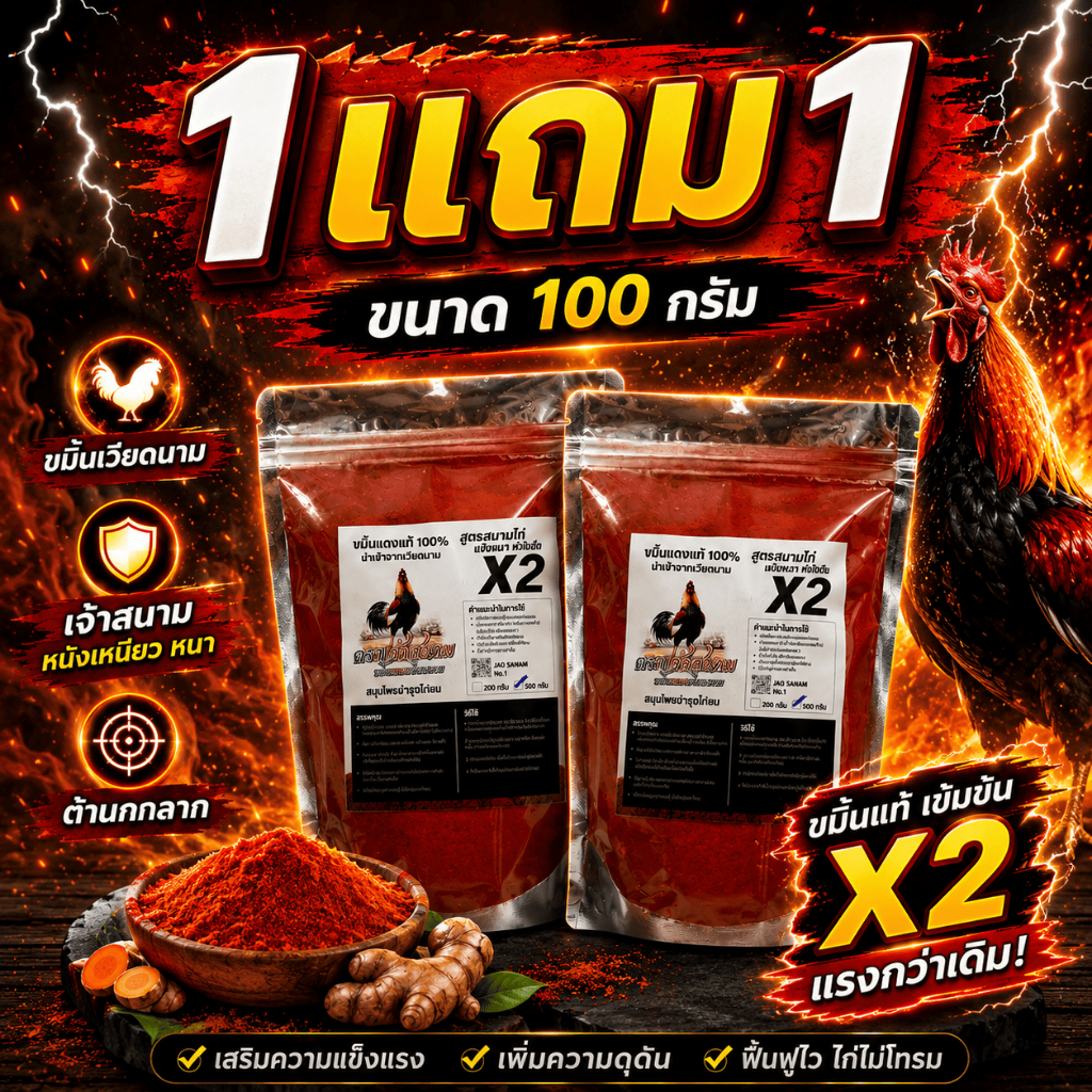 100กรัม 1แถม1 ขมิ้นแดงเวียดนามธรรมชาติ100% สำหรับสัตว์ปีก ตราเจ้าสนาม