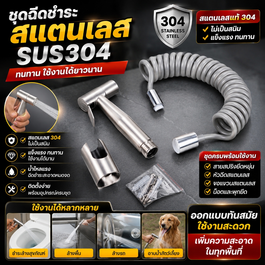 สายชำระฉีด สายฉีดชำระสแตนเลสแท้ 304 สายฉีดก้นเมตร สายฉีดเอทานอลยึดได้ก้อน สายฉีดชำระ สายฉีดชําระ