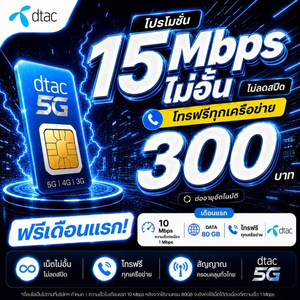 ซิมDtac ซิมดีแทค เน็ต15Mbps ไม่อั้นไม่ลดสปีด+โทรฟรีทุกค่าย พียง 300บาท/เดือน โปรพร้อมเดือนแรก