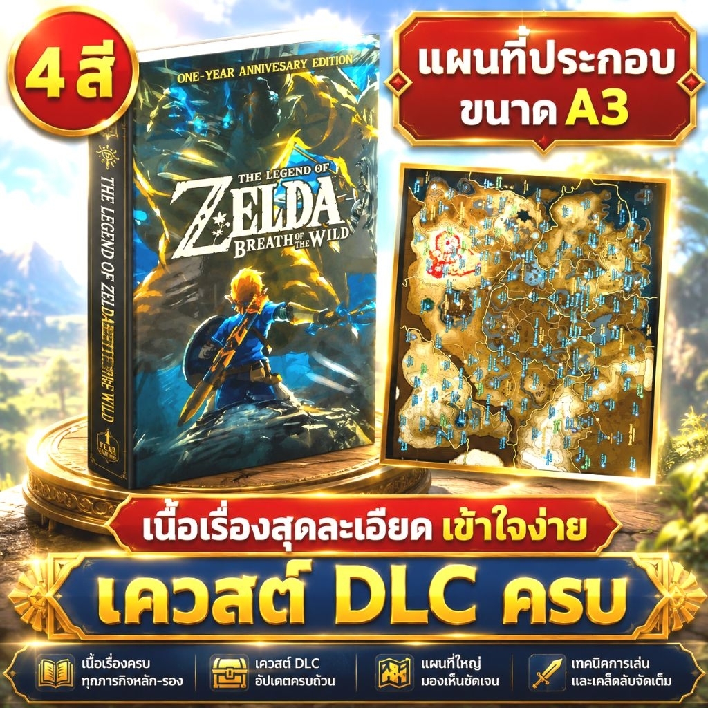 [DLCครบ ข้อมูลอาหาร อาวุธ ] บทสรุปเกมภาษาไทย Zelda Breath of The Wild  สี่สี ทั้งเล่มA5  พร้อมโปสเตอร์แผนที่ A3