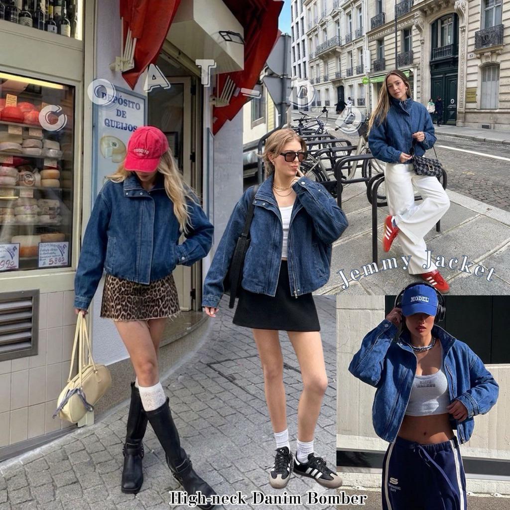 DD(no.163) 🎧🫯👟High-Neck Denim Bomber Jacket⛓️ 🌎⚡️แจ็คเก็ตยีนส์เวอร์ชันอัปเกรด ดีไซน์คอตั้งสุดล้ำ และพับปกคอได้ โคตรจะชิค