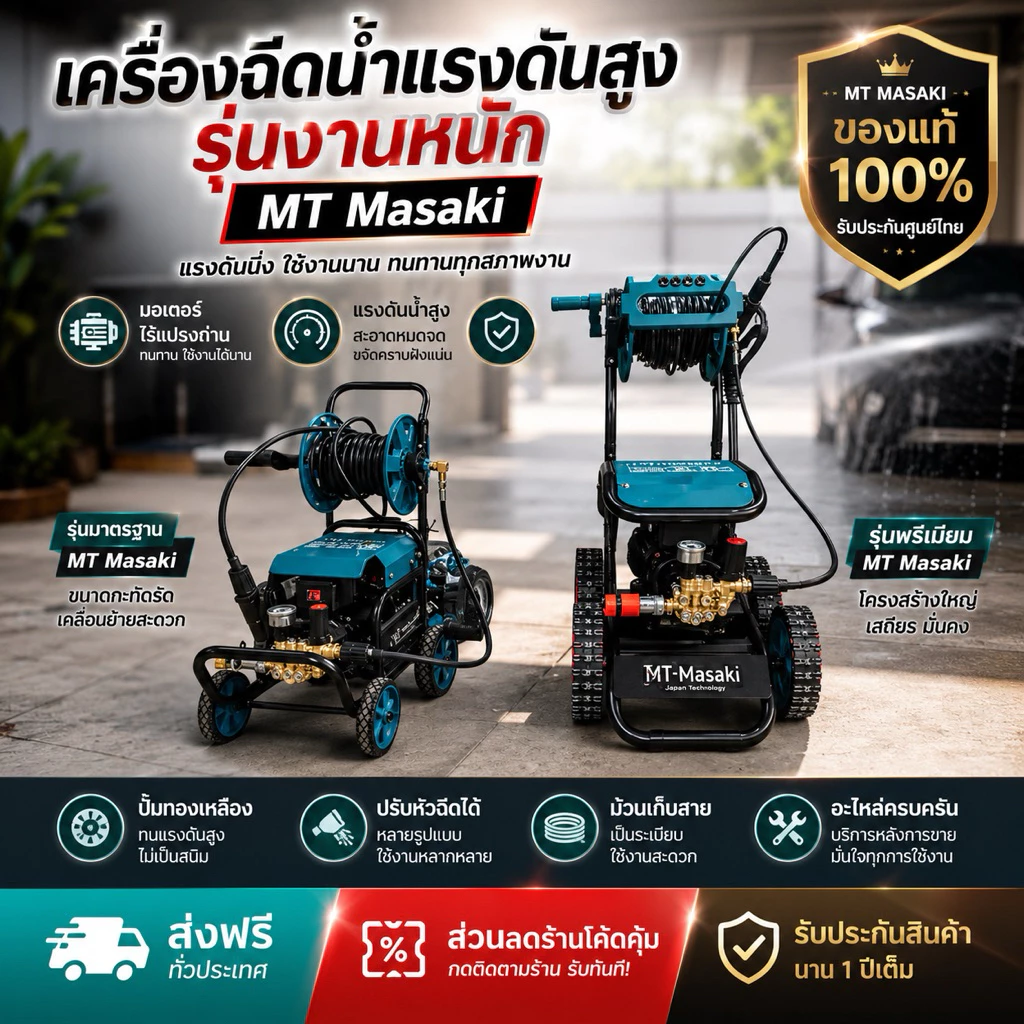 MASAKI เครื่องฉีดน้ำแรงดันสูงล้อลาก รุ่น MT-2800 และ MT-2300 (รุ่น งานหนัก) มีโรลม้วนสายในตัว พร้อมสายฉีดน้ำ 15 เมตร