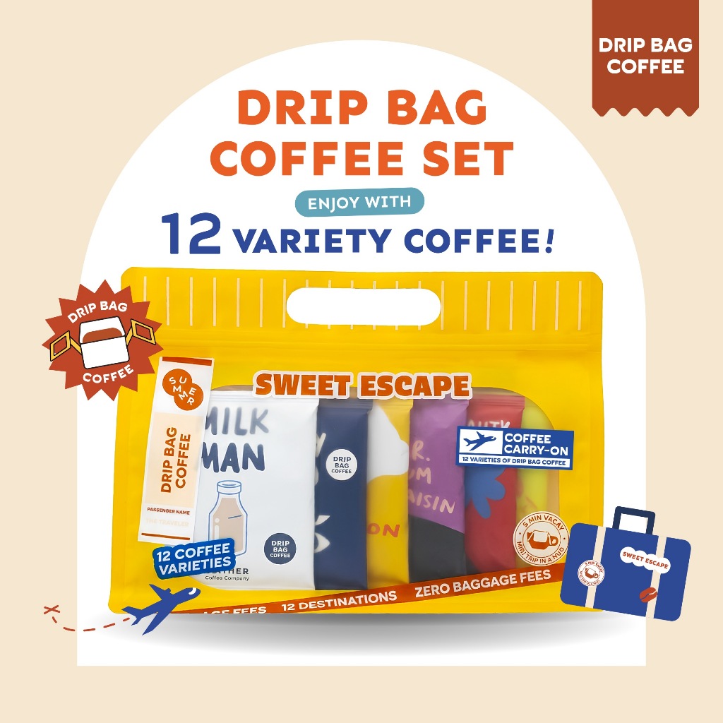 Sweet Escape Drip Bag Coffee Set เซตกาแฟดริปแบค 12 รสชาติ พร้อมชง พกง่าย | The Summer Coffee Company