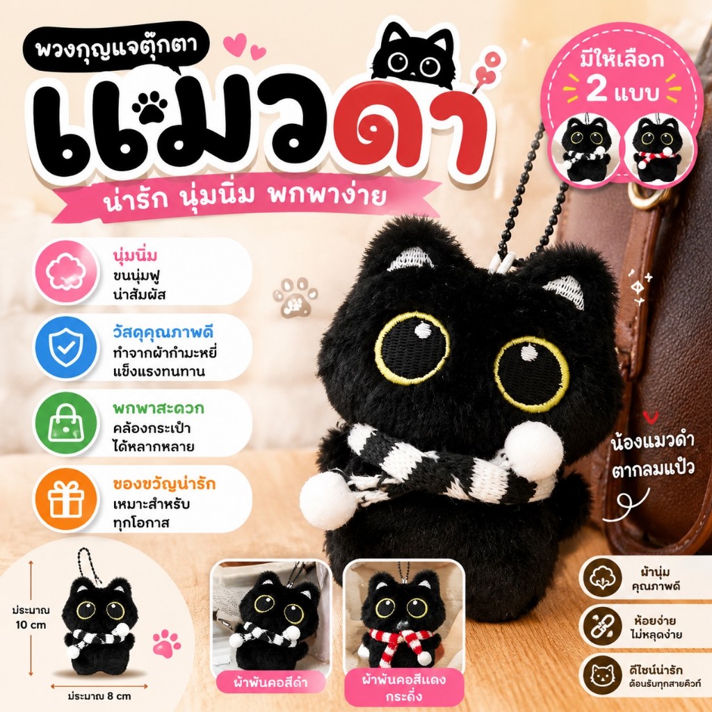 พวงกุญแจแมวดำ พวงกุญแจตุ๊กตา Cat กระเป๋าจี้ตกแต่ง น่ารัก ของเล่น คล้องกระเป๋า