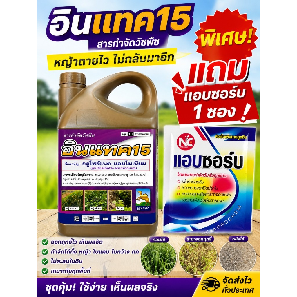 อินแทค15 กลูโฟซิเนต-แอมโมเนียม น้ำฟ้าใส น้ำ 1 กำจัดวัชพืชแบบไม่เลือกทำลาย