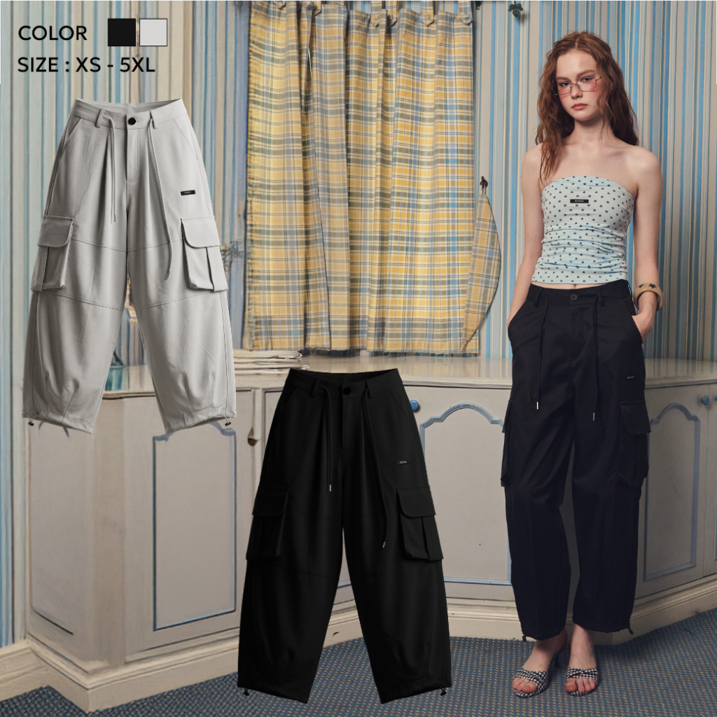 Bemingpants085(XS-5XL)-Cago Cagi Pants - กางเกงคาร์โก้ดีเทลกระเป๋าข้างพร้อมเชือกปรับช่วงเอวและปลายขา