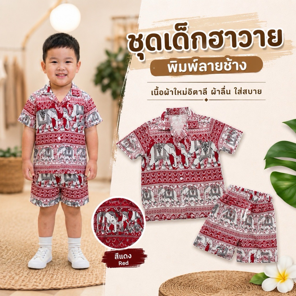 ชุดเด็กลายช้าง แขนสั้น ขาสั้น ผ้าไหมอิตาลี่ ใส่สบายมี5 สี