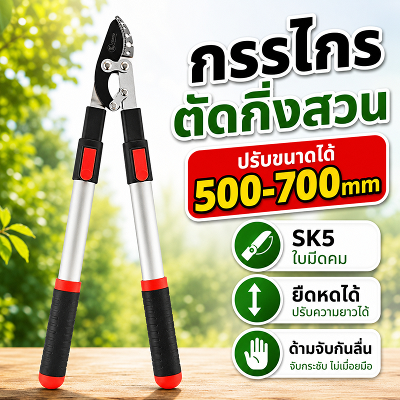 กรรไกรตัดกิ่งไม้สูง กรรไกรตัดแต่งกิ่งไม้ด้ามยาว ปรับความยาวได้ 51-72 ซม ใบมีด SK5 แข็งแรง คมทน ตัดกิ่งไม้สูงและพุ่มไม้
