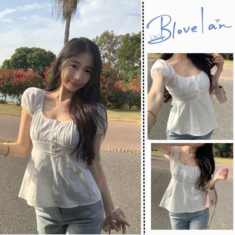 เสื้อเชิ้ต คอสี่เหลี่ยม แขนพัฟ เข้ารูป ได้พรางหุ่น  เสื้อขาวน่ารัก สำหรับผู้หญิง