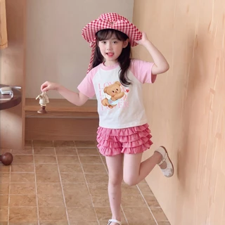 PRINCESS KESLI เสื้อยืดเด็กผู้หญิง เสื้อยืดเด็ก เสื้อแขนสั้นเด็ก ลายหมีน่ารัก ผ้าฝ้ายนุ่ม คอตวกลม 2-12 ปี