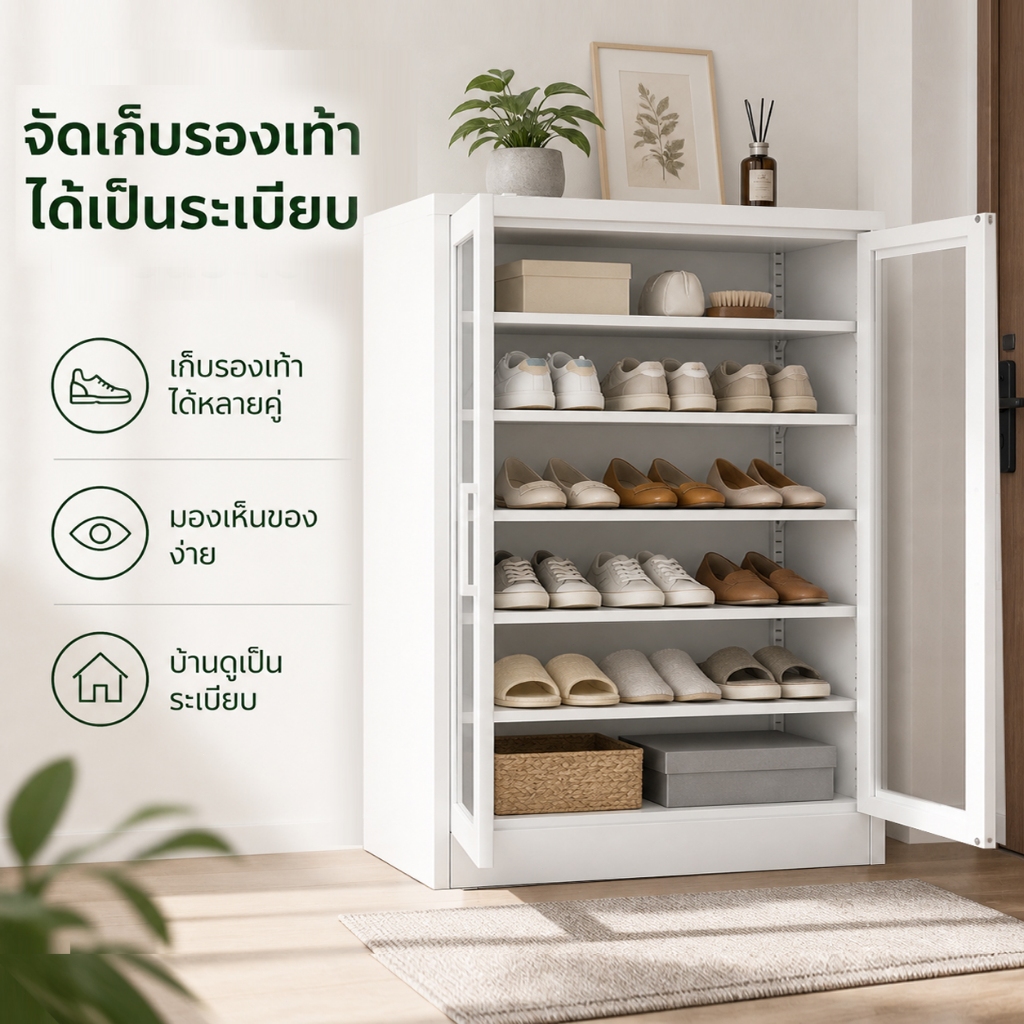 ตู้รองเท้าเหล็กสีขาว กันความชื้นและฝุ่น ความสูง 105 ซม