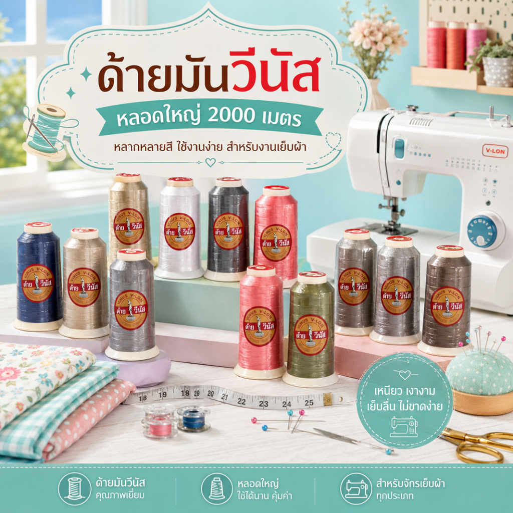 ด้ายวีนัส ด้ายเย็บ ด้ายมัน ด้าย V-Lon วีนัส เบอร์ 40 หลอดใหญ่ 2000 เมตร