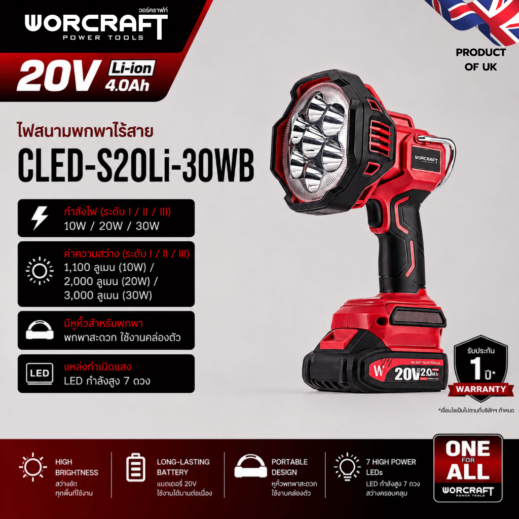 Worcraft ไฟLEDไร้สาย รุ่น CLED-S20Li-30WB