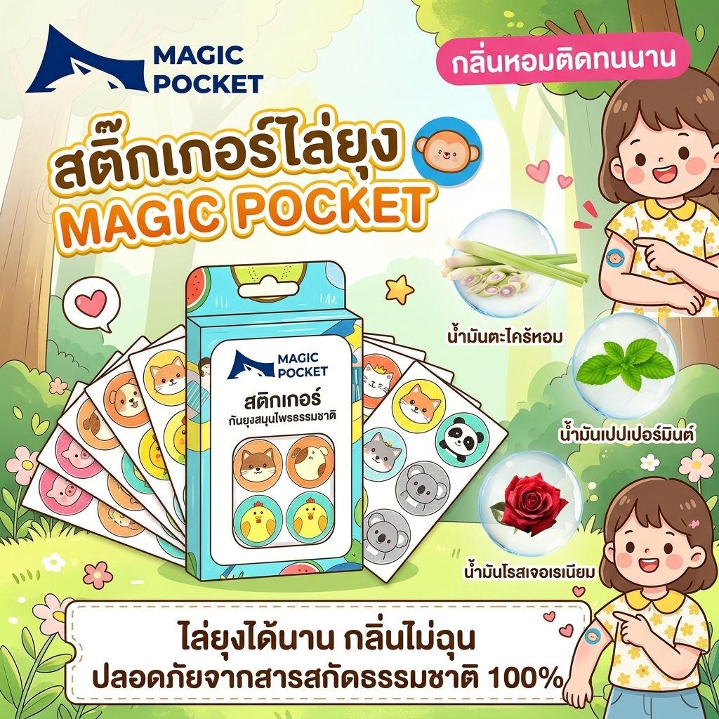 Magic pocket ไบโอนิค แผ่นแปะกันยุง* สติ๊กเกอร์ไล่ยุง แผ่นติดกันยุง กลิ่นตะไคร้หอม ป้องกันยุง สารสกัดจากธรรมชาติ