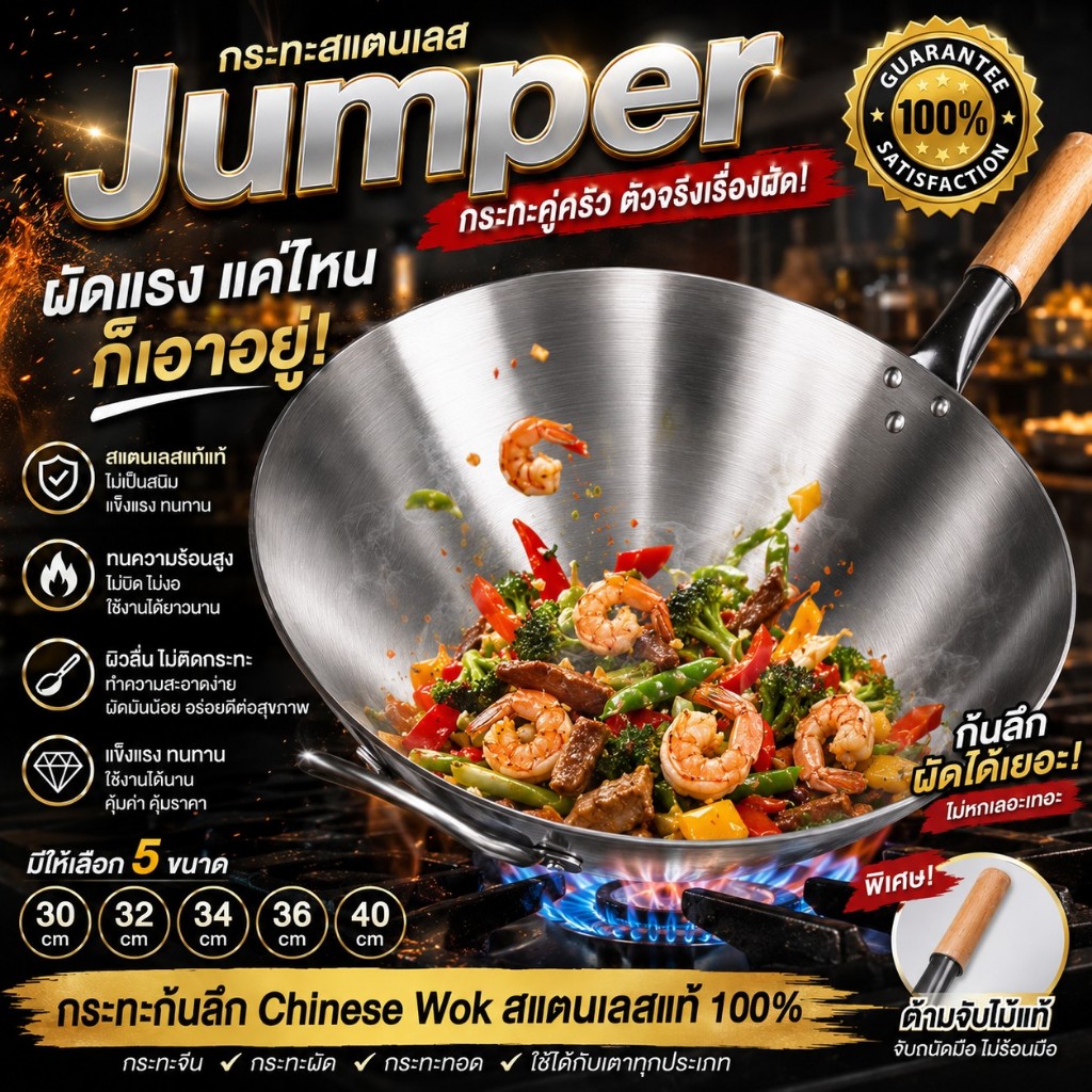 Jumper Kids กระทะสแตนเลส 30/32/34/36/40cm กระทะก้นลึก Chinese Wok ทำจากสแตนเลส ผัด ทอด สแตนเลสอย่างดี ไม่ติดกระทะ