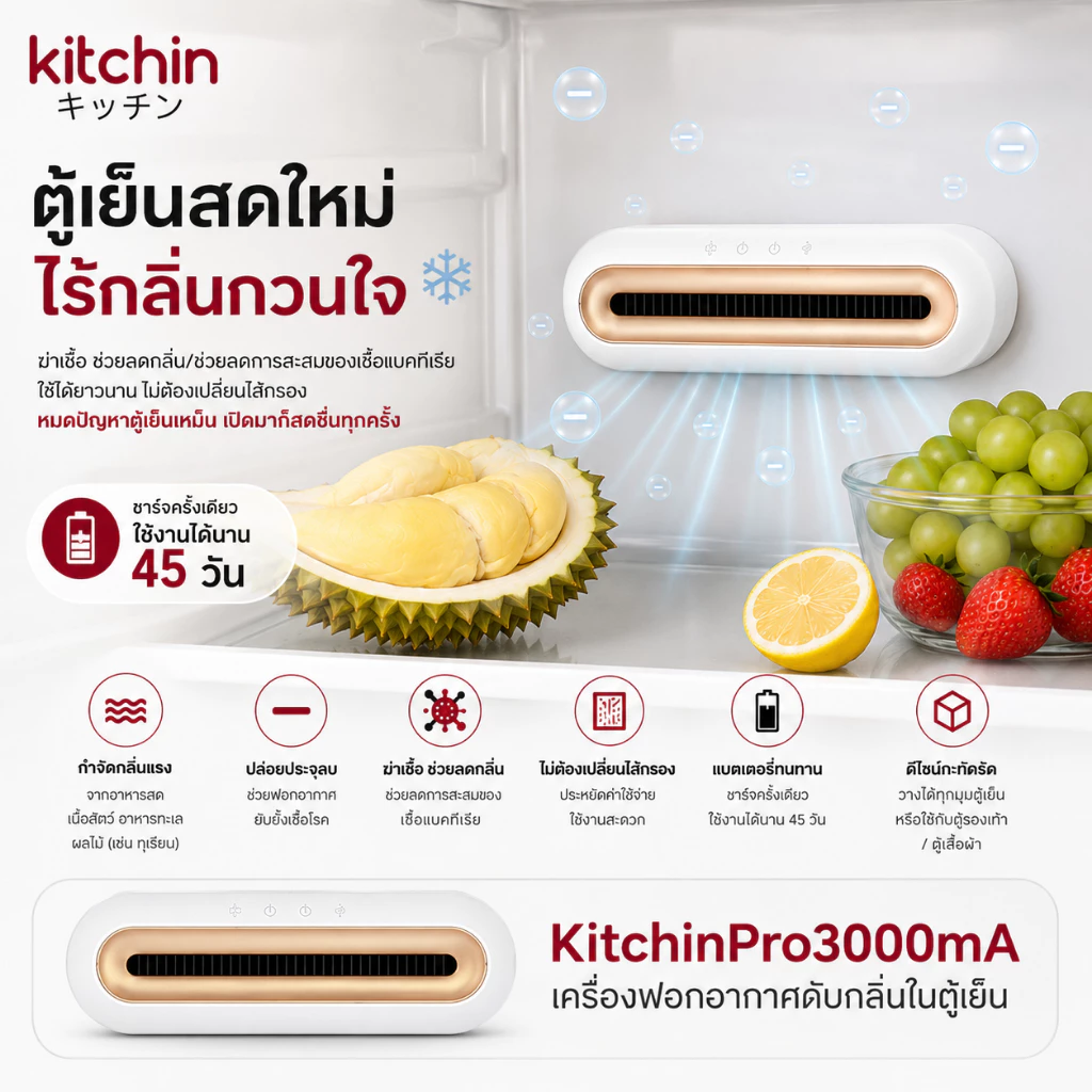 เครื่องดับกลิ่นตู้เย็น ดูดกลิ่นในตู้เย็น แบบชาร์จ ตู้รองเท้า ตู้เสื้อผ้า KitchinPro3000mA รับประกันความพอใจ KTC1-192-001