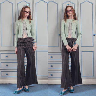 Bemingpants087(XS-4XL)-Lulaby Pants - กางเกงขายาวลายทางดีไซน์แต่งระบายเลเยอร์