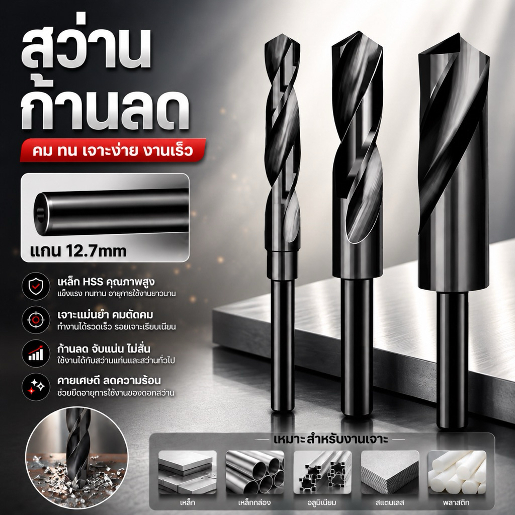 ดอกสว่านก้านลด แกน12.7มม ขนาด (31-45mm) HSS 1/2 REDUCED SHANK DRILLS