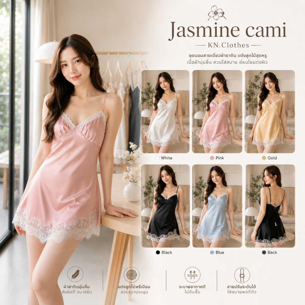 Jasmine cami เสื้อสายเดี่ยวผ้าซาติน เย็บจีบหน้าอก เอวเฉียง แต่งขอบลูกไม้ ซิปซ่อนด้านข้าง มีเชือกผูกด้านหลัง สายปรับได้
