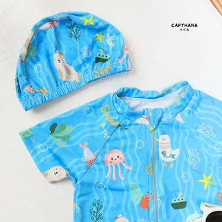 CAPYHANA ชุดว่ายน้ำเด็กทารก Summer ชุดเที่ยวทะเล ชุดว่ายน้ำเด็กลายทะเล พร้อมหมวก (ชุดว่ายน้ำทะเล)