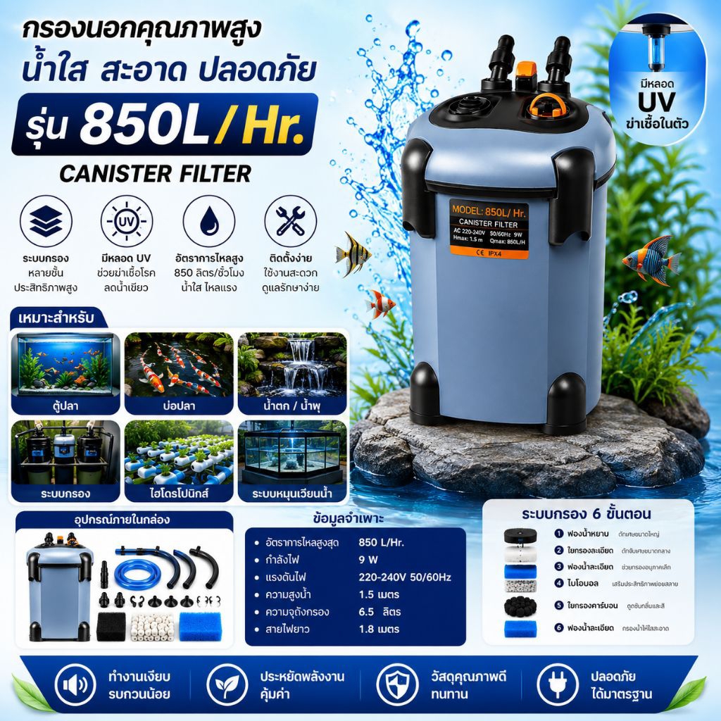 กรองนอก SF-850L/Hr. พร้อมหลอด UV ฆ่าเชื้อในตัว น้ำใส เงียบ กรองละเอียด ใช้งานง่าย