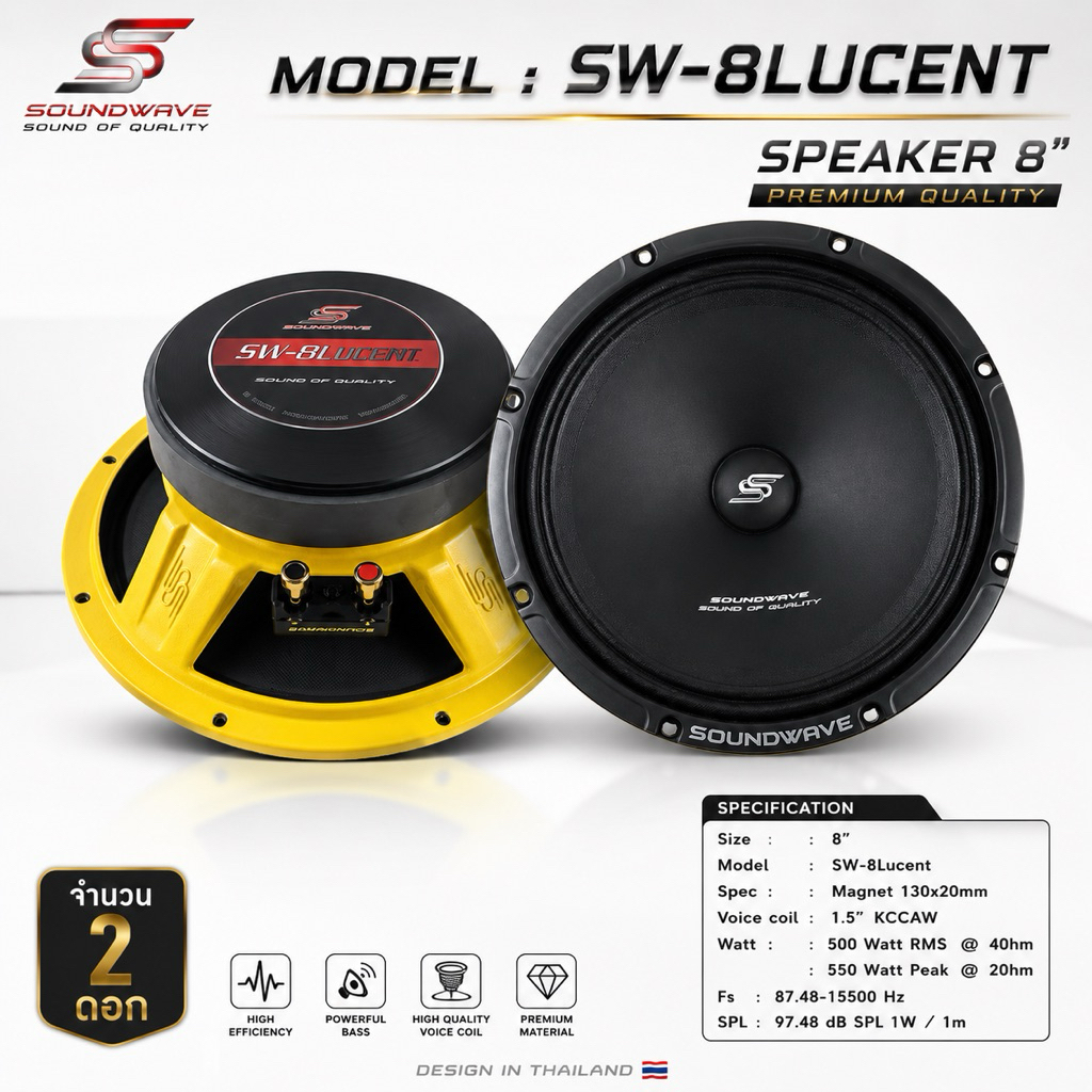 ลำโพง 8 นิ้ว SW-8Lucent | SOUNDWAVE ดอกลำโพงรถยนต์ เสียงกลางใส โมแรง ประกอบไทย คุณภาพพรีเมียม | ดอกเสียงกลางรถยนต์