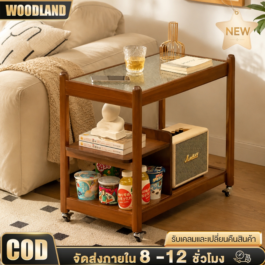 โต๊ะกาแฟแบบเคลื่อนย้ายได้ พร้อมล้อเลื่อน ทำจากไม้เนื้อแข็ง มีล้อ และช่องเก็บของสองชั้น