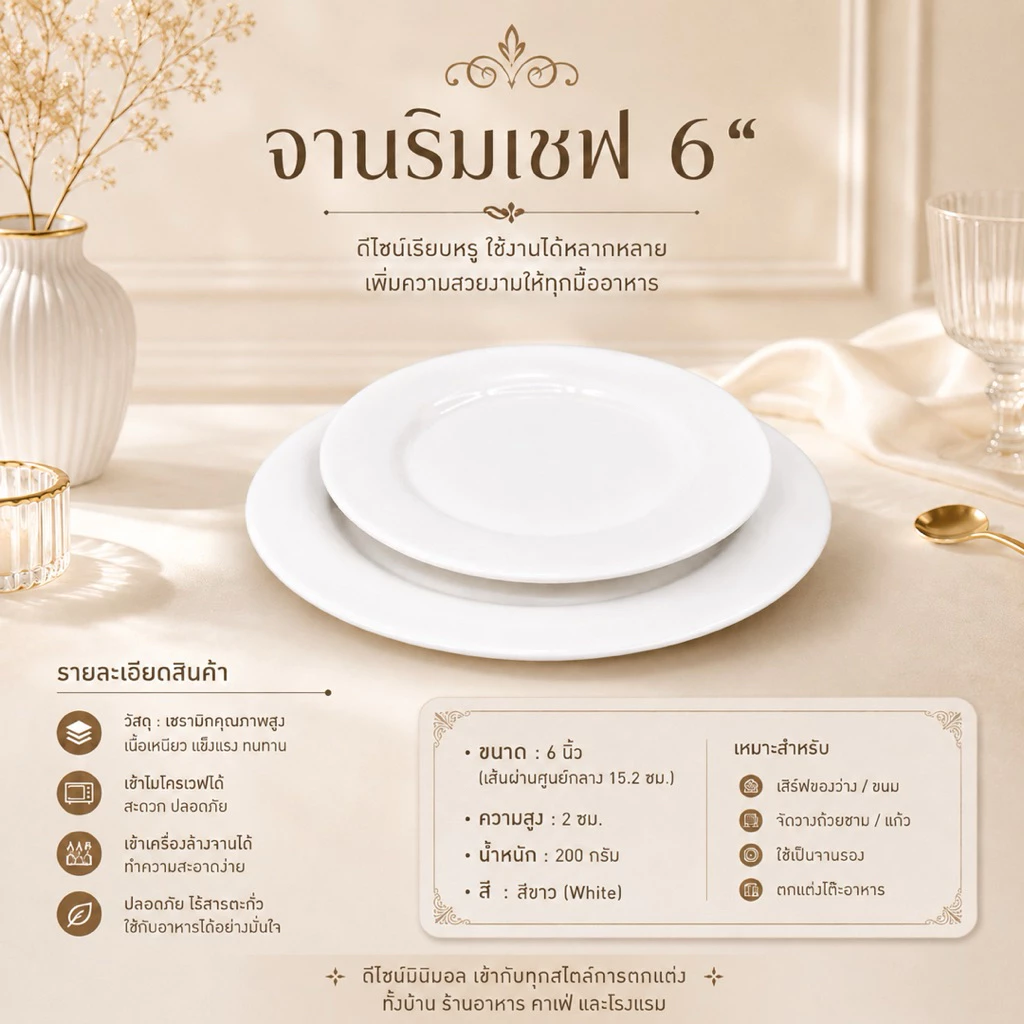 จานริมเชฟ ทรงกลมมีขอบ ดีไซน์เรียบหรู สามารถใช้กับไมโครเวฟและเครื่องล้างจานได้