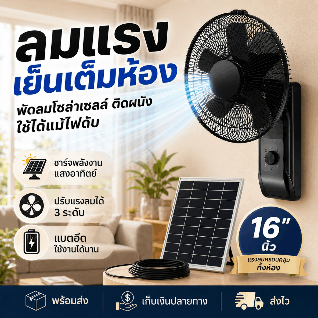 พัดลมโซล่าเซลล์ รุ่นใหม่ล่าสุด16 นิ้ว แผง+แบต ความเร็วลมระดับ 3 พัดลมติดผนัง 5 ใบพัด แบตเตอรี่ในตัว