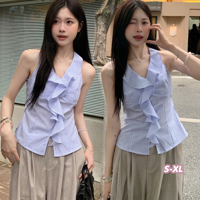 👚Anna👚เสื้อเชิ้ตแขนกุดระบายลายทางสีน้ำเงินสำหรับผู้หญิง ดีไซน์ฤดูร้อน สไตล์สบายและโดดเด่น เหมาะสำหรับโอกาสต่างๆ W724