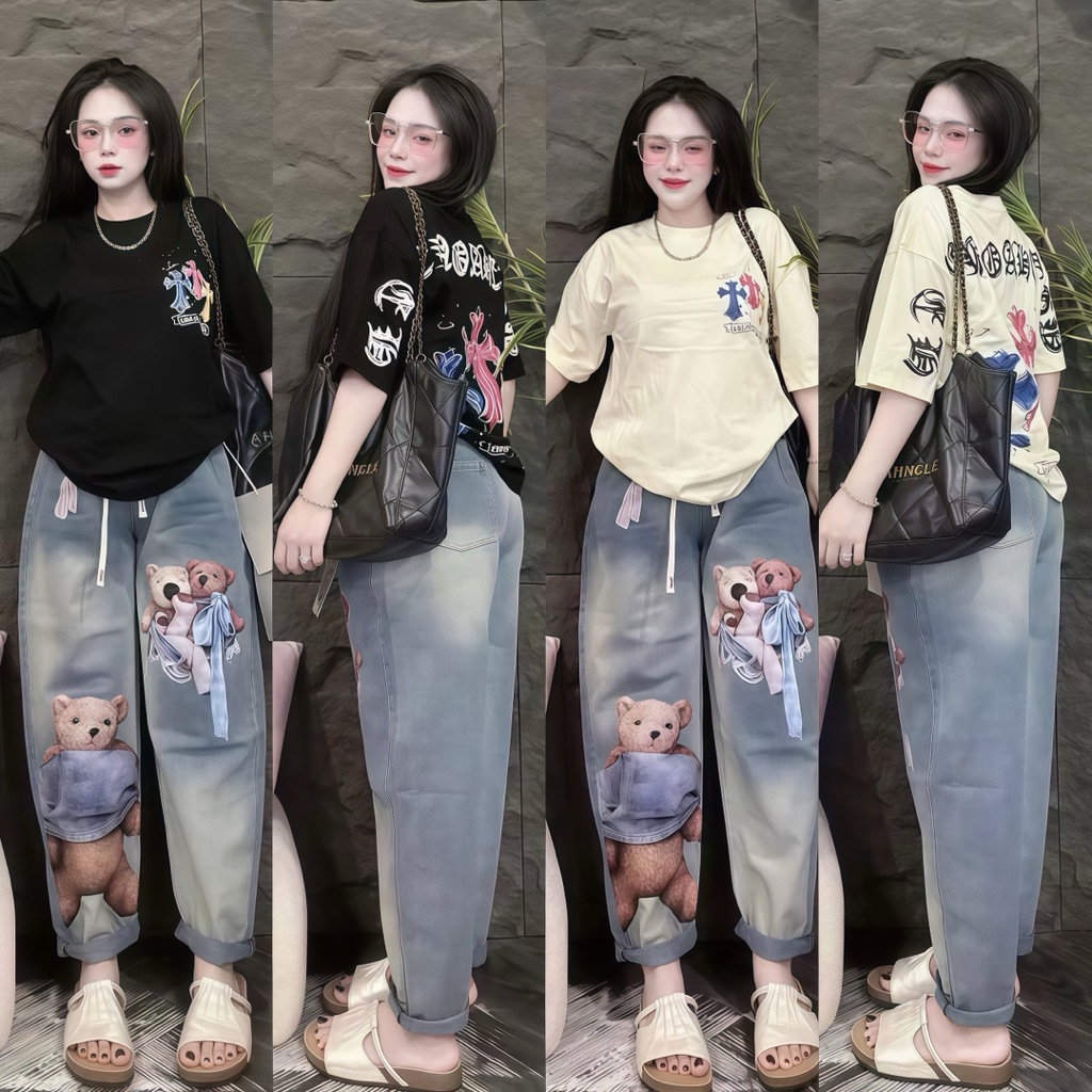 Set 2ชิ้น เสื้อพิมพ์ลายหน้าหลัง [กางเกงยีนส์เทียม] ลายหมี