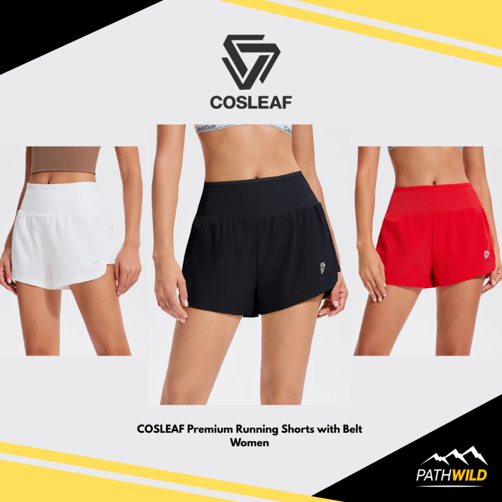 COSLEAF Premium Running Shorts with Belt กางเกงขาสั้นผู้หญิง มีกระเป๋าเก็บของรอบเอว ทรงสวย มีซับใน สวมใส่สบาย